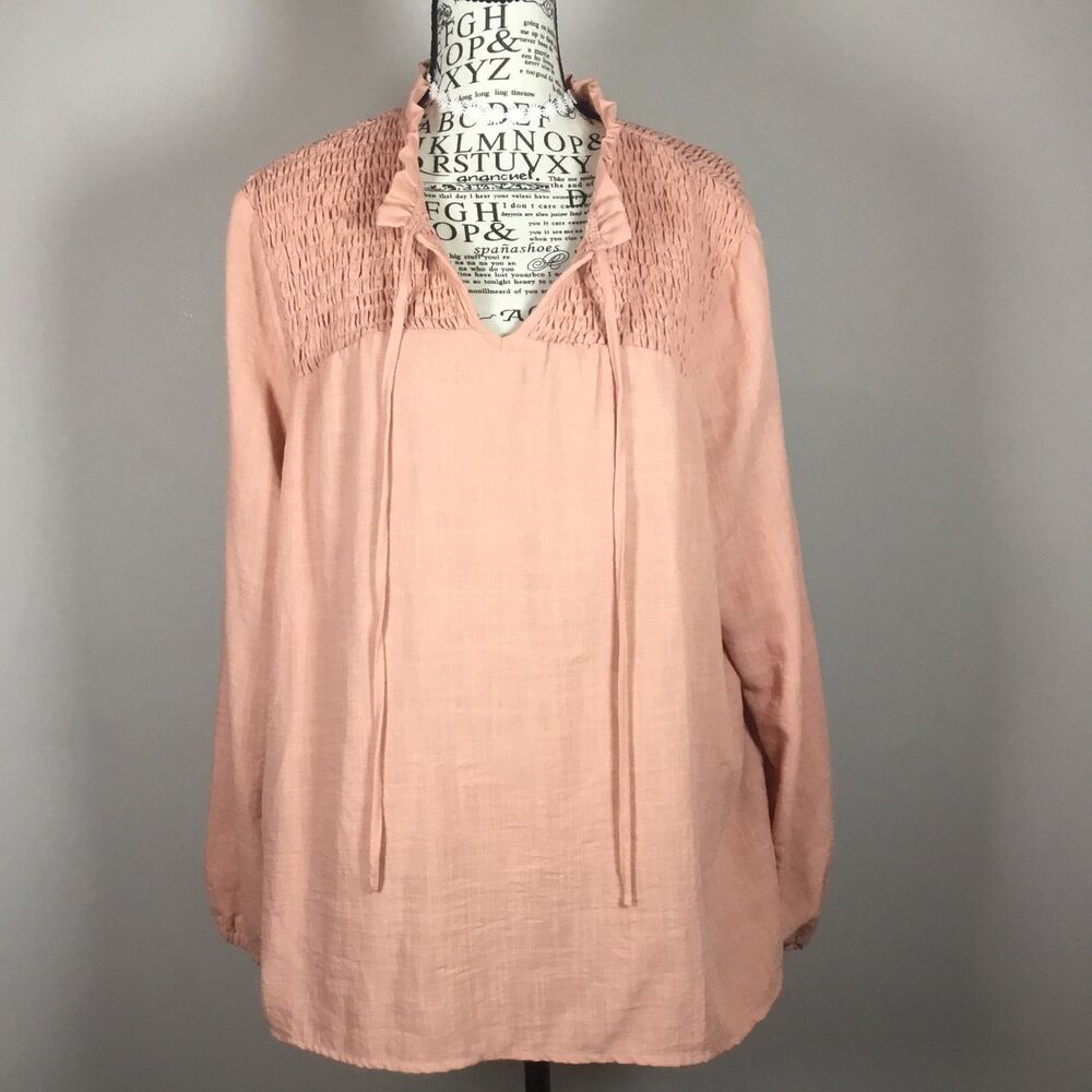 Peach smocked gauzy blouse tie front ruffle neck boho hippie fairycore boho XL